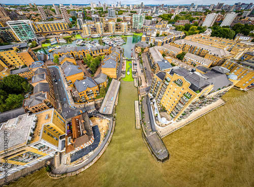 Aerial view of the Limehouse, a regenerated former dockland area at the River Thames in London photo