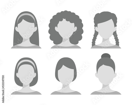 Empty Female Profile Avatar. Template. Portraits of Faceless Women with Different Hairstyles. Set. Gray White Color. Cartoon Fashion Simple Style. White background. Vector illustration.