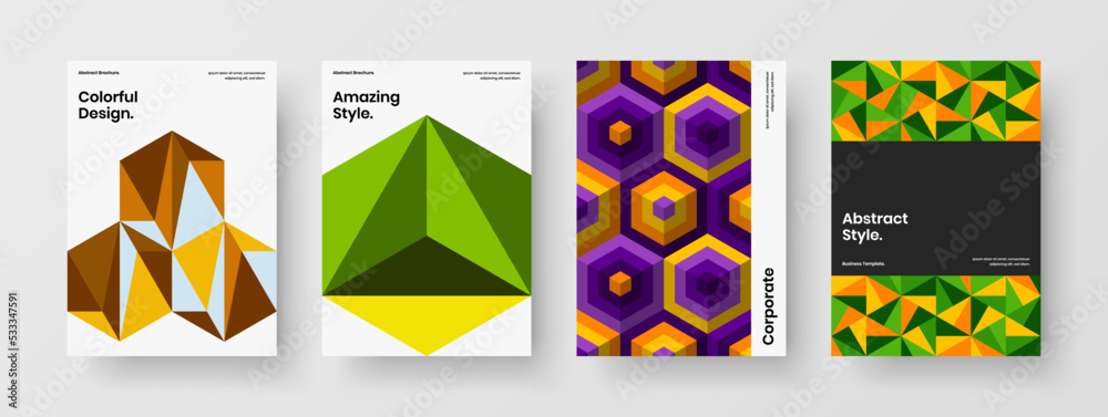 Vivid company brochure A4 design vector template composition. Original geometric shapes corporate cover concept collection.