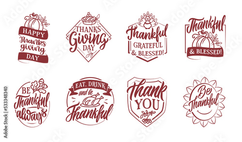 The set of lettering emblems Happy Thanksgiving day. The autumn doodle