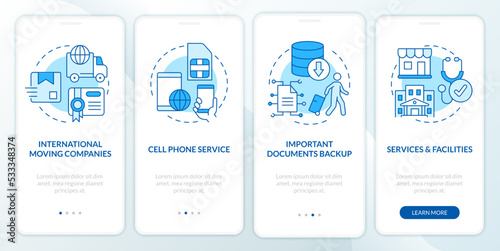 Prepare to live abroad blue onboarding mobile app screen. Immigration walkthrough 4 steps editable graphic instructions with linear concepts. UI, UX, GUI template. Myriad Pro-Bold, Regular fonts used