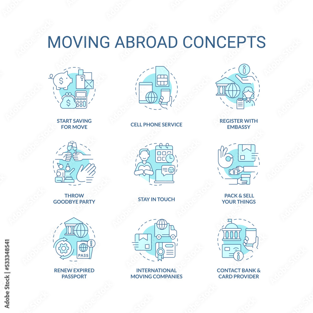 Moving abroad turquoise concept icons set. Before travel overseas tips. Relocating idea thin line color illustrations. Isolated symbols. Editable stroke. Roboto-Medium, Myriad Pro-Bold fonts used