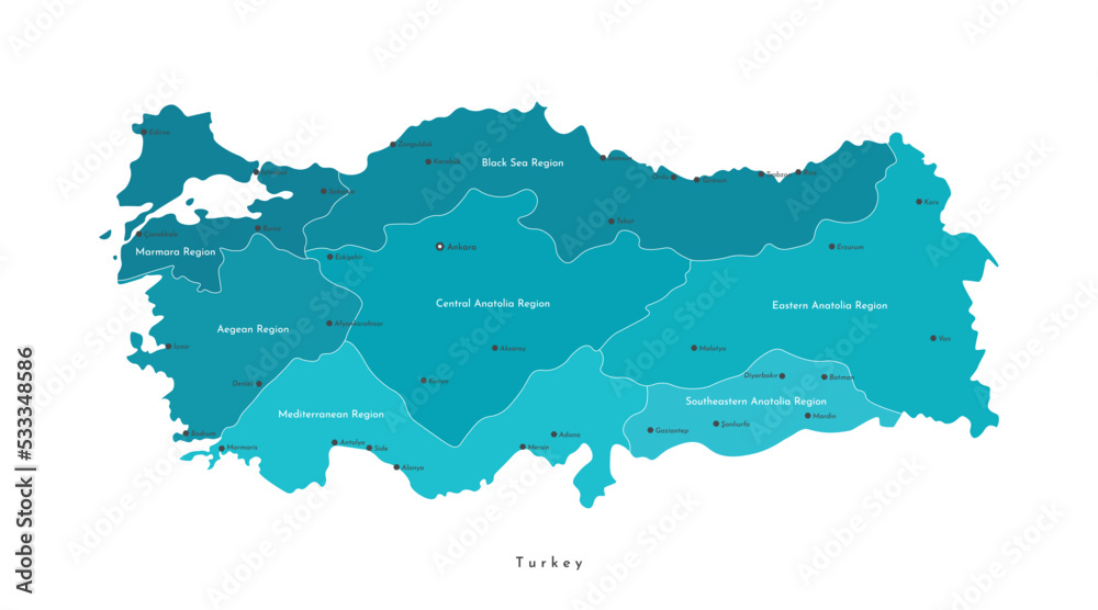 Fototapeta premium Vector isolated colorful illustration. Simplified administrative geographical map of Turkey. Names of Turkish cities and region. White background.