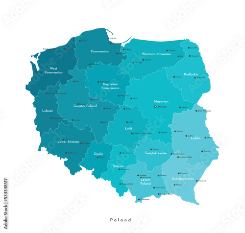 Vector isolated illustration. Simplified administrative map of Poland (in blue colors) . Names of Polish cities and provinces. White background