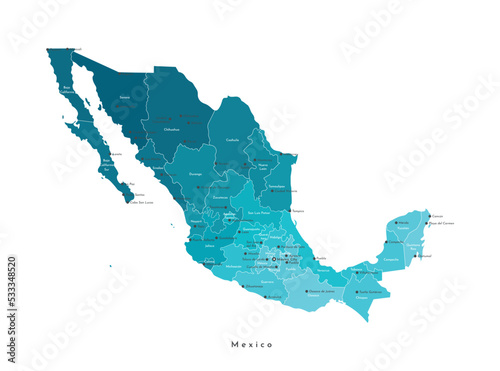 Vector isolated illustration. Simplified administrative map of Mexico (United Mexican States). Blue shapes of regions. Names of mexican cities and states