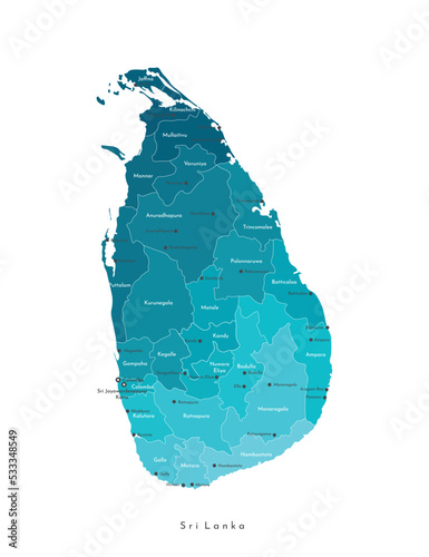 Vector isolated illustration. Simplified admimistrative map of Sri Lanka. Blue shapes of Iregions. Names of the cities and provinces. White background