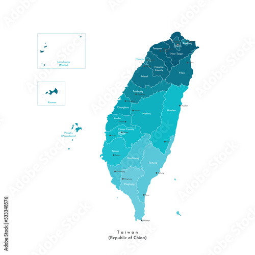 Vector isolated colorful illustration. Simplified administrative geographical map of Taiwan (Republic of China). Names of taiwanese cities and region. White background photo