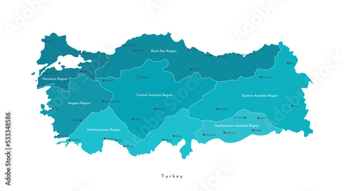 Vector isolated colorful illustration. Simplified administrative geographical map of Turkey. Names of Turkish cities and region. White background.