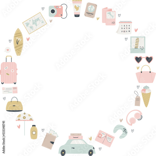 Set of holiday elements, objects for trip, vacation, journey.