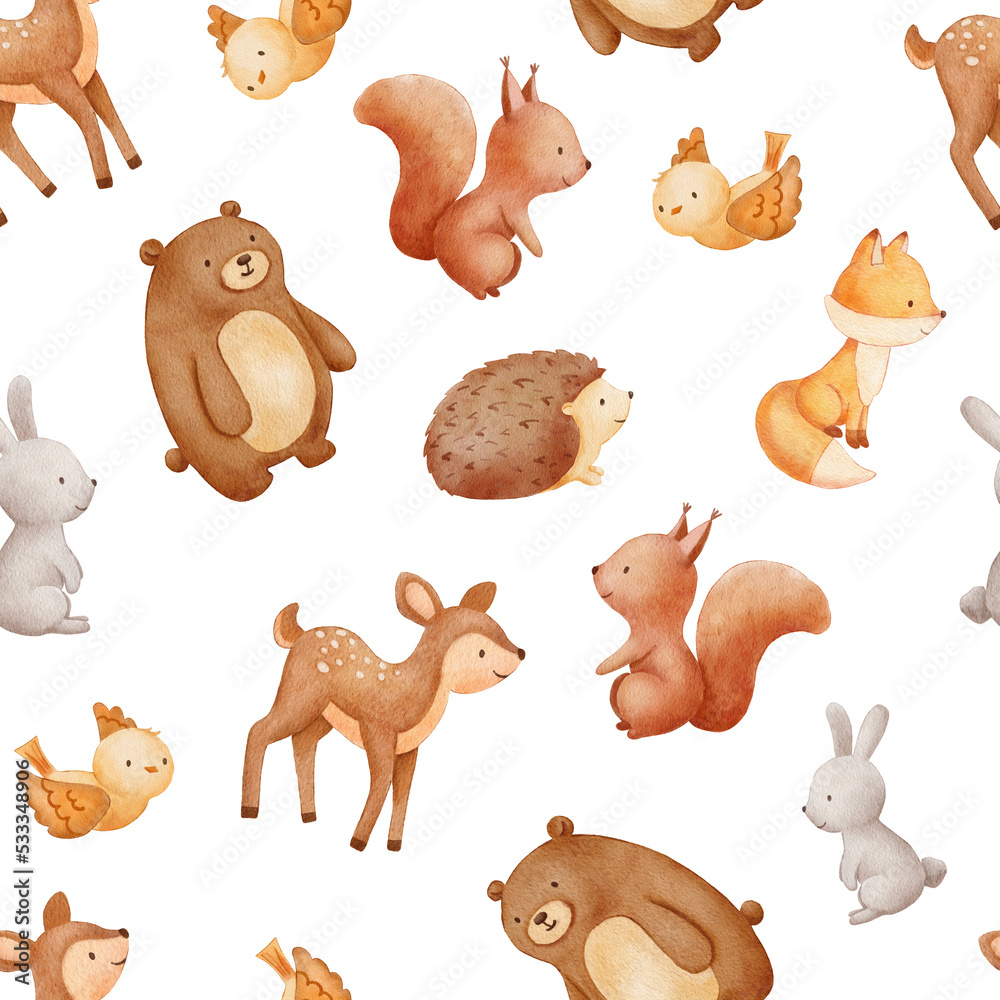 Fototapeta premium Seamless watercolor pattern with cute forest characters. Bear, bird, fox, deer and other animals stylized