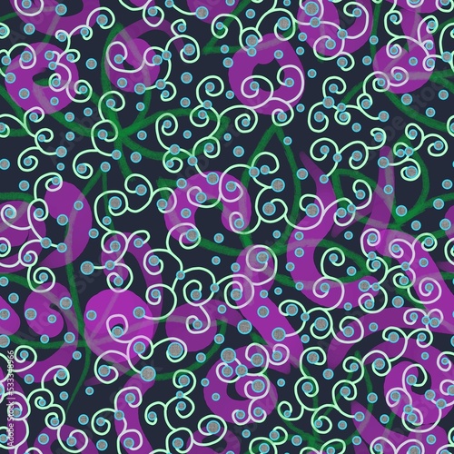 Seamless pattern of abstract elements of lilac and green shades and circles with texture on a dark background for textile.