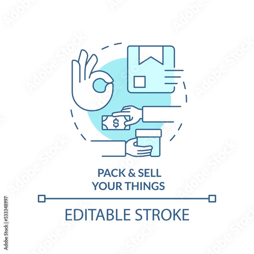 Pack and sell your things turquoise concept icon. Manage belongings abstract idea thin line illustration. Isolated outline drawing. Editable stroke. Arial, Myriad Pro-Bold fonts used