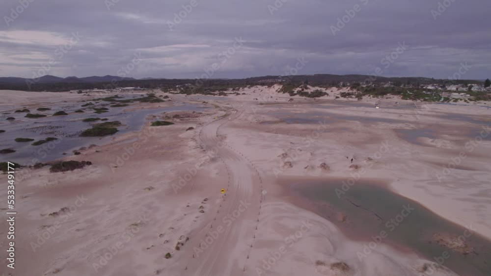 Macs Track At Stockton Sand Dunes And Beach For Quad Bike Tours Near The Worimi National Park In NSW, Australia. - aerial Macs Track At Stockton Sand Dunes And Beach For Quad Bike Tours Near The Worimi National Park In NSW, Australia. - aerial