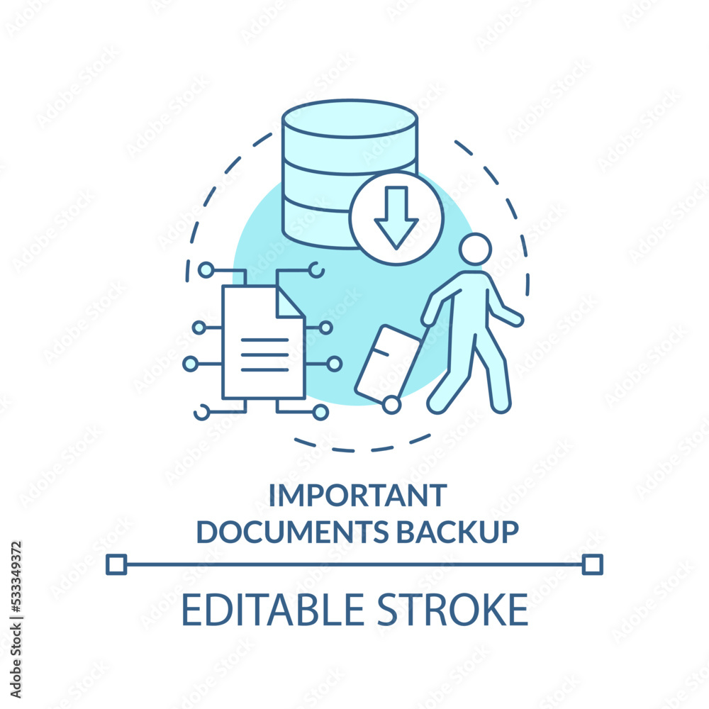Important document backup turquoise concept icon. Copy personal data before travel abstract idea thin line illustration. Isolated outline drawing. Editable stroke. Arial, Myriad Pro-Bold fonts used