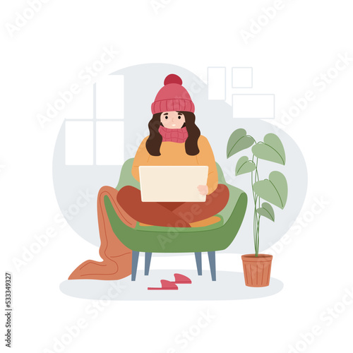 Girl wearing warm winter clothes working at the laptop at home. Cold temperature in the apartment. Saving energy resources. Vector illustration.