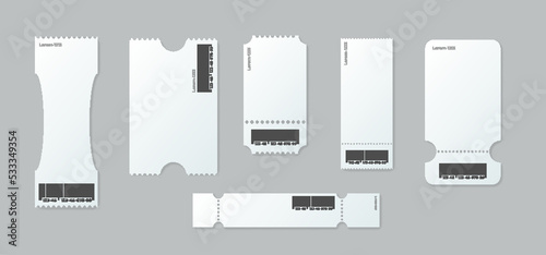 Blank ticket with tear-off element and bar code isolated. Mockup template with event concert ticket