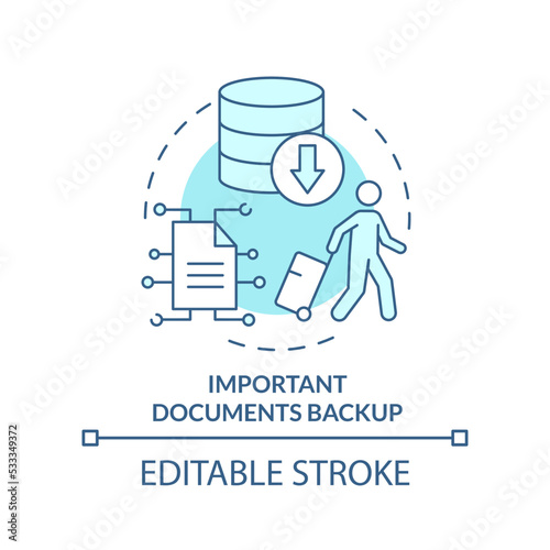 Important document backup turquoise concept icon. Copy personal data before travel abstract idea thin line illustration. Isolated outline drawing. Editable stroke. Arial, Myriad Pro-Bold fonts used