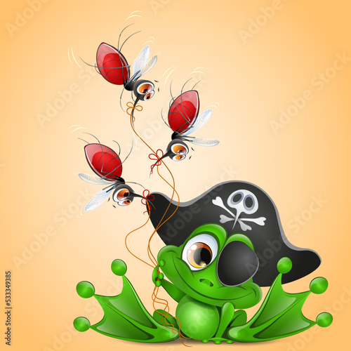 Funny cute cartoon frog in Halloween pirate cap with mosquito scull sign, eye patch and with mosquitos balloons