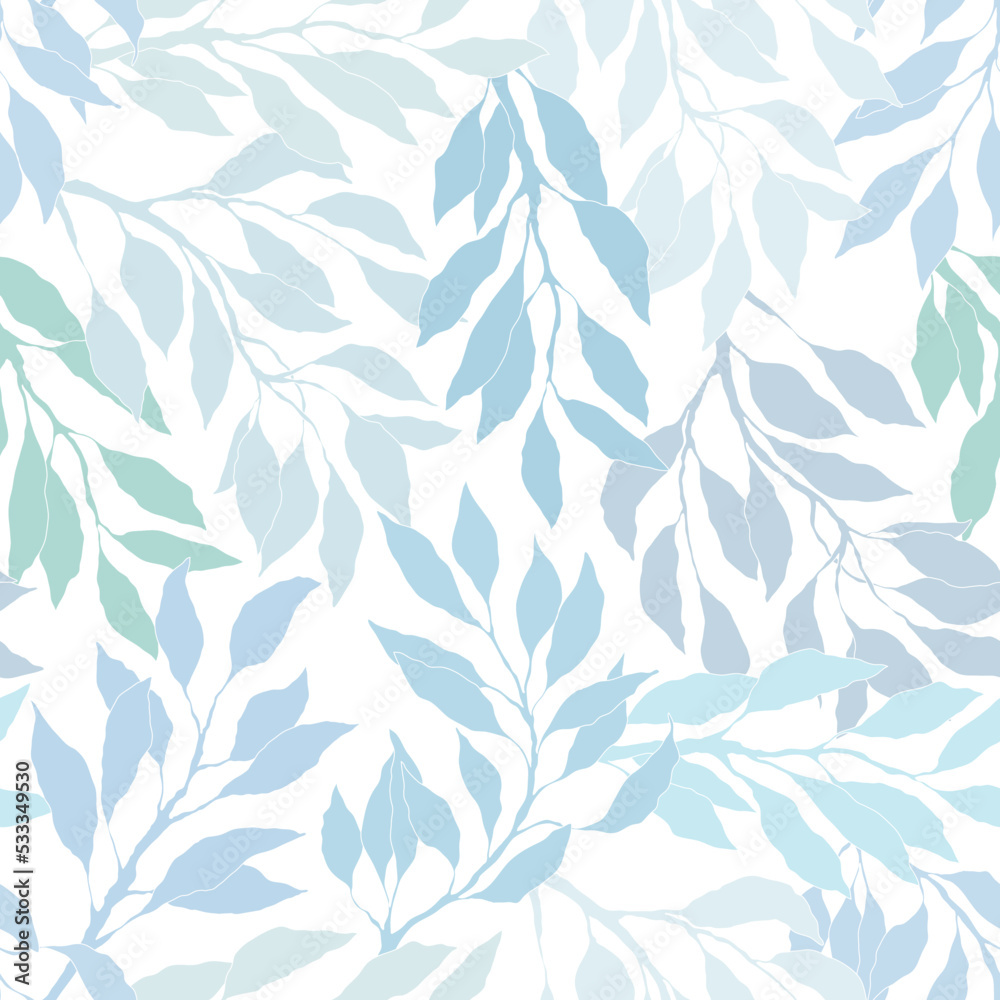 Seamless pattern with blue painted tree branches and leaves, winter frost Seamless pattern with blue painted tree branches and leaves, winter frost