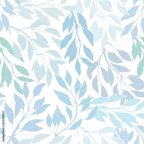 Seamless pattern with blue painted tree branches and leaves, winter frost