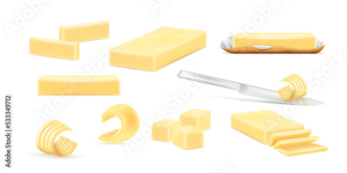 Realistic butter swirls, blocks and cubes. Calorie product margarine or milk butter dairy breakfast