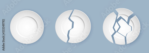 Whole and broken white ceramic plate top view realistic. Break crockery damaged porcelain pieces