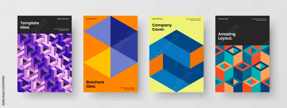 Clean book cover design vector layout set. Amazing mosaic hexagons postcard illustration composition.