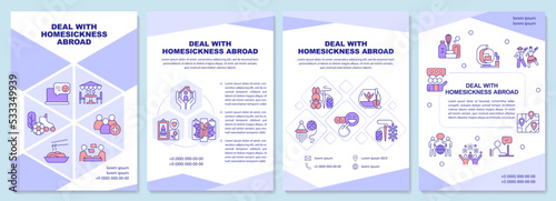 Deal with homesickness abroad purple brochure template. Expat. Leaflet design with linear icons. Editable 4 vector layouts for presentation, annual reports. Arial-Black, Myriad Pro-Regular fonts used