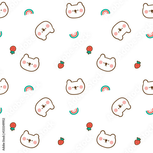Seamless Pattern with Cartoon Bear Face and Strawberry Design on White Background