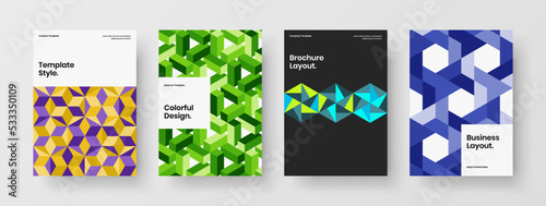 Premium catalog cover design vector concept set. Fresh geometric hexagons company brochure template collection.