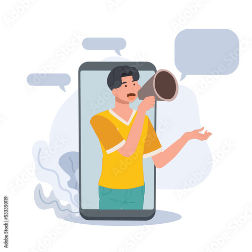 internet advertisement. a man shouting in loud speaker came out from smartphone. Influencer marketing,vector illustration.