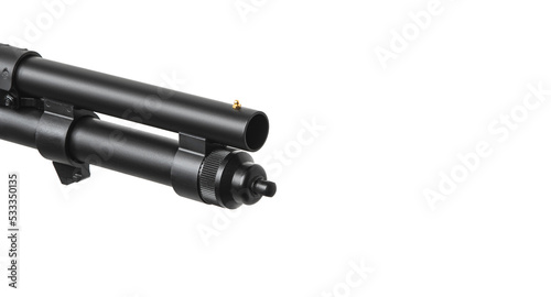 Photography Pump-action 12 gauge shotgun isolated on a white back