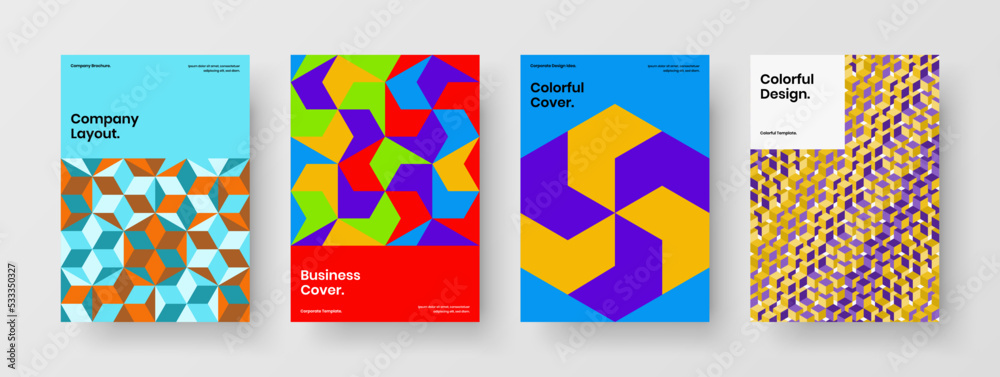 Minimalistic flyer vector design template bundle. Fresh mosaic pattern catalog cover illustration composition.