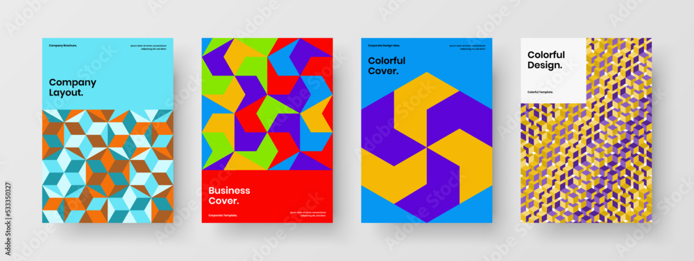 Fototapeta premium Minimalistic flyer vector design template bundle. Fresh mosaic pattern catalog cover illustration composition.