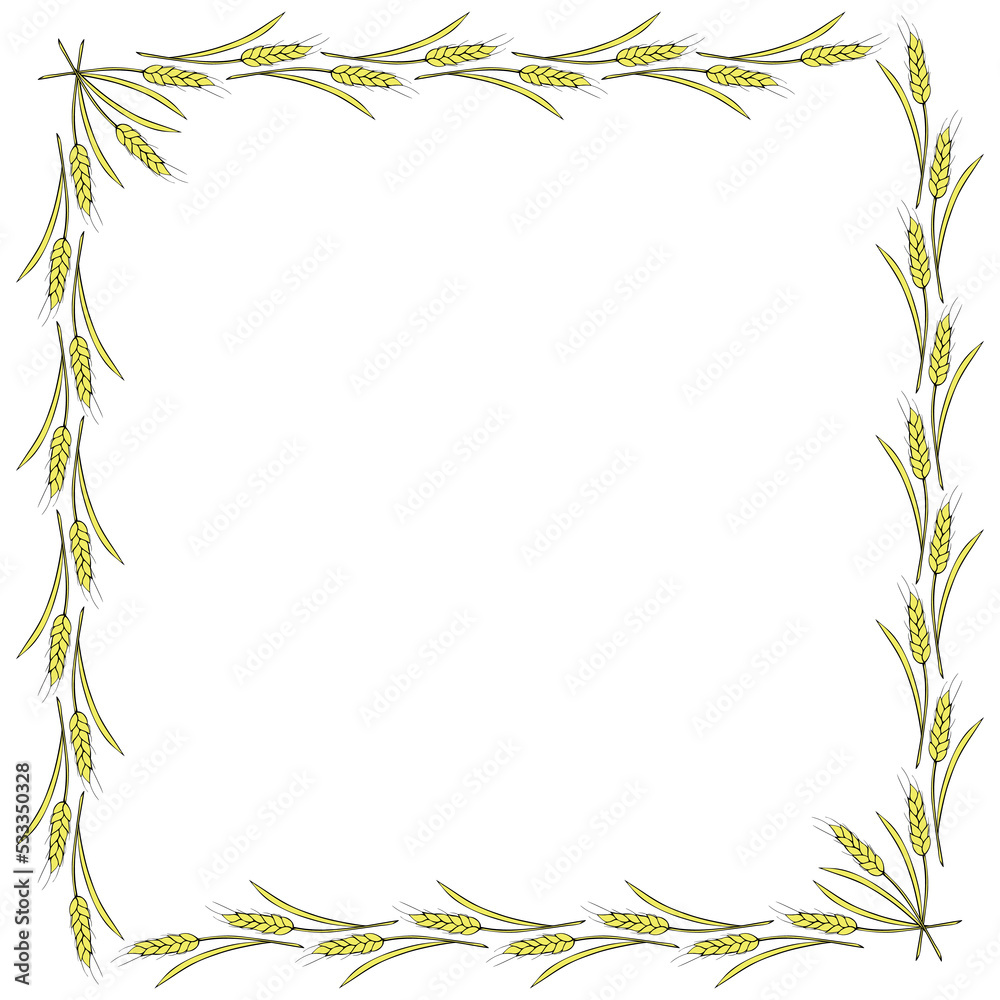 Square frame made of golden wheat or rye ears. Vector autumn border, backdrop hand drawn in Doodle flat style, isolated on white background Square frame made of golden wheat or rye ears. Vector autumn border, backdrop hand drawn in Doodle flat style, isolated on white background