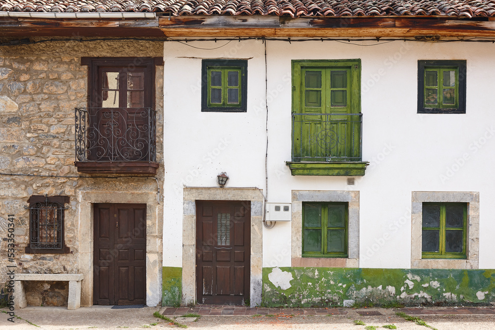 Traditional houses facades in Cares route. Castilla Leon, Spain