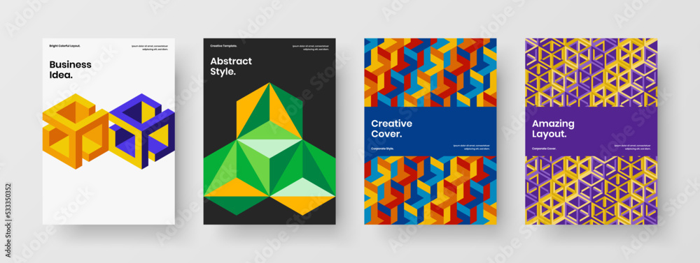 Simple mosaic pattern pamphlet concept collection. Colorful banner A4 vector design template bundle.