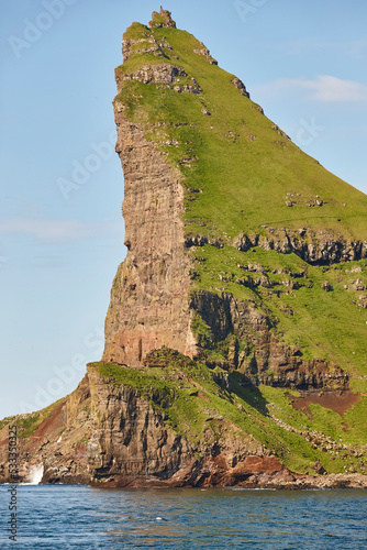 Faroe islands coastline cliffs landscape in Vagar island.