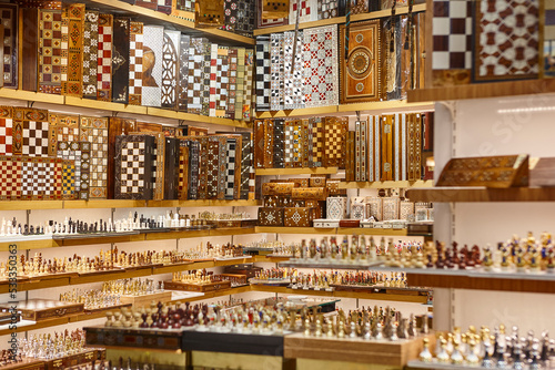 Traditional wooden and ivory chessboards for sale. Bazaar. Turkey