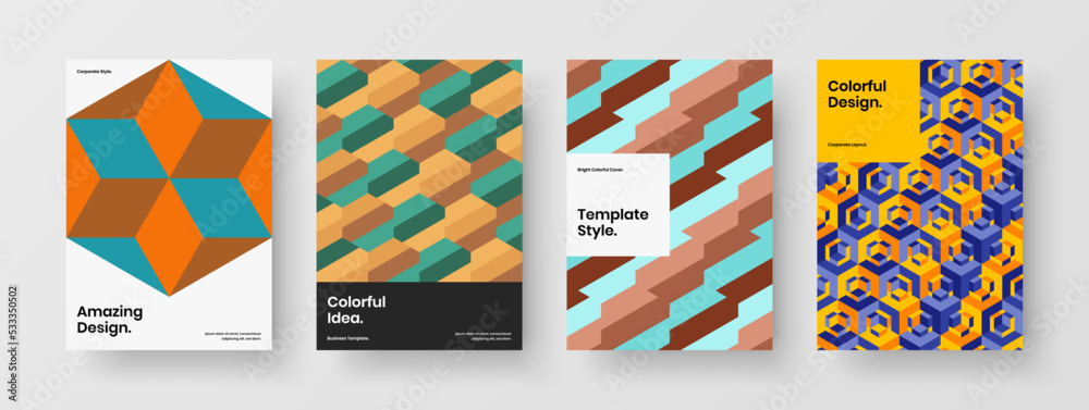 Isolated mosaic hexagons postcard concept collection. Vivid journal cover A4 vector design illustration bundle.