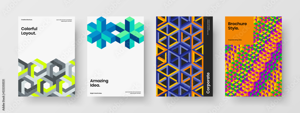 Fresh geometric tiles corporate brochure layout set. Amazing banner A4 design vector template composition.