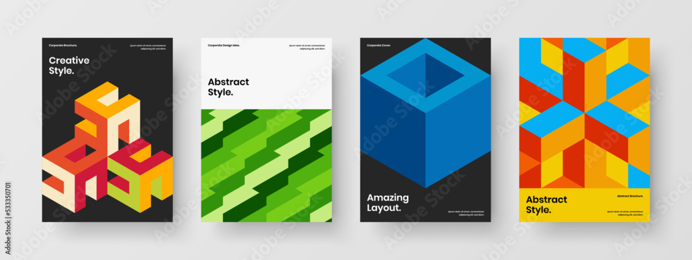Fototapeta premium Trendy company brochure A4 design vector concept collection. Colorful mosaic hexagons journal cover template bundle.