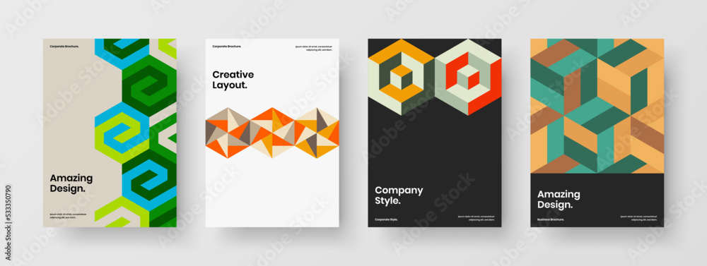Clean geometric shapes front page layout set. Multicolored corporate brochure vector design concept bundle.