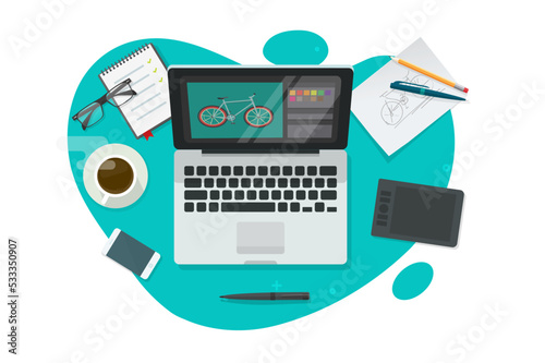 Drawing artist graphic image software design editor vector on designer table desk top view above flat modern cartoon, illustrator professional program on laptop computer workplace, creative online