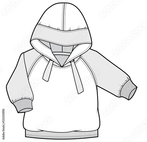 baby boys and girls unisex raglan sleeve hoodie flat sketch vector illustration. cad mockup.