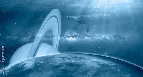 World day concept -The blue whale swimming over the Planet Earth Milky way gaklaxy in the background - Beautiful outher space in the background 