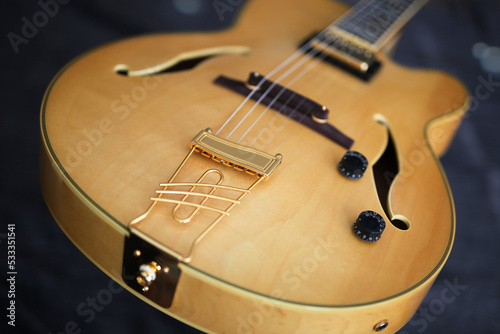 Detail of a semi-acoustic jazz guitar.