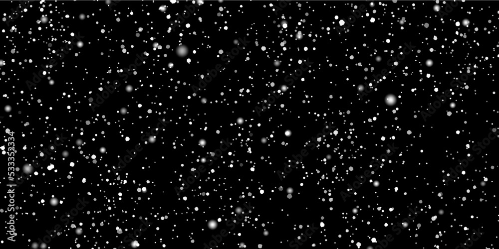 Realistic falling winter snow flakes on black background. Vector