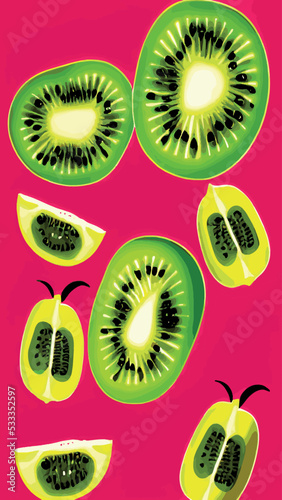 Set of fresh kiwi fruit whole, half and cut slice illustration