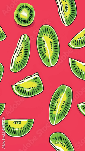 Fototapeta Naklejka Na Ścianę i Meble -  Set of fresh kiwi fruit whole, half and cut slice illustration